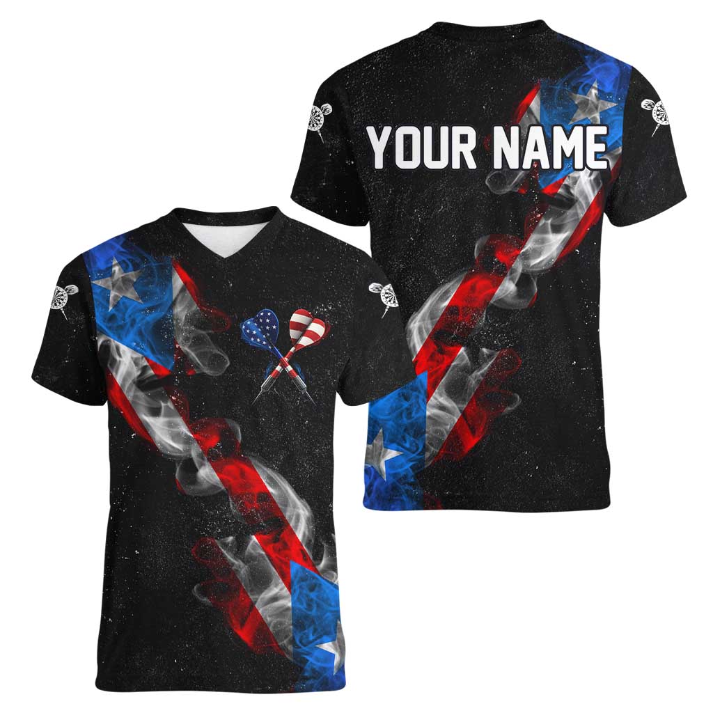 American Flag Smoke Trail Women V-Neck T-Shirt with Dartboard and Crossed Darts Graphic Design - Wonder Print Shop