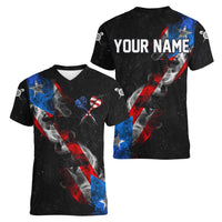 American Flag Smoke Trail Women V-Neck T-Shirt with Dartboard and Crossed Darts Graphic Design - Wonder Print Shop