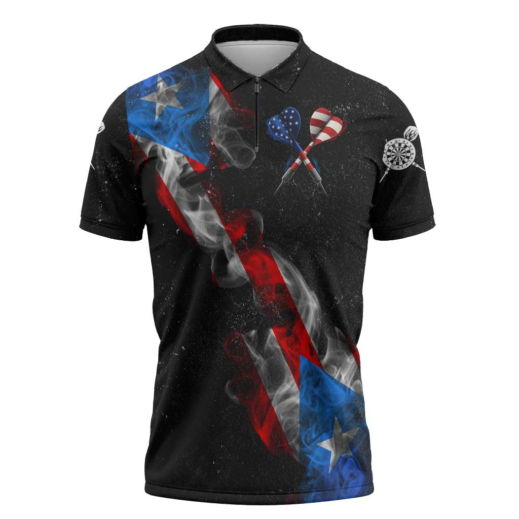 American Flag Smoke Trail Zipper Polo Shirt with Dartboard and Crossed Darts Graphic Design - Wonder Print Shop