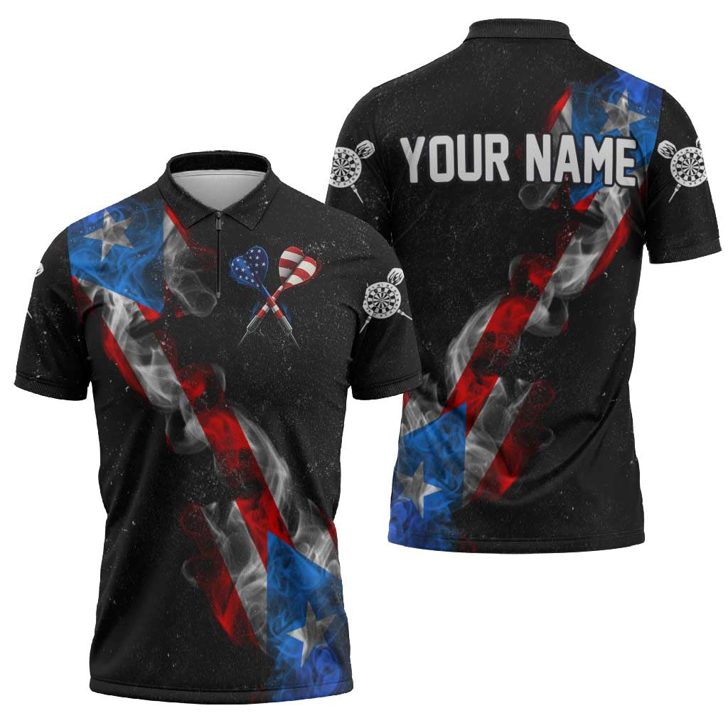 American Flag Smoke Trail Zipper Polo Shirt with Dartboard and Crossed Darts Graphic Design - Wonder Print Shop
