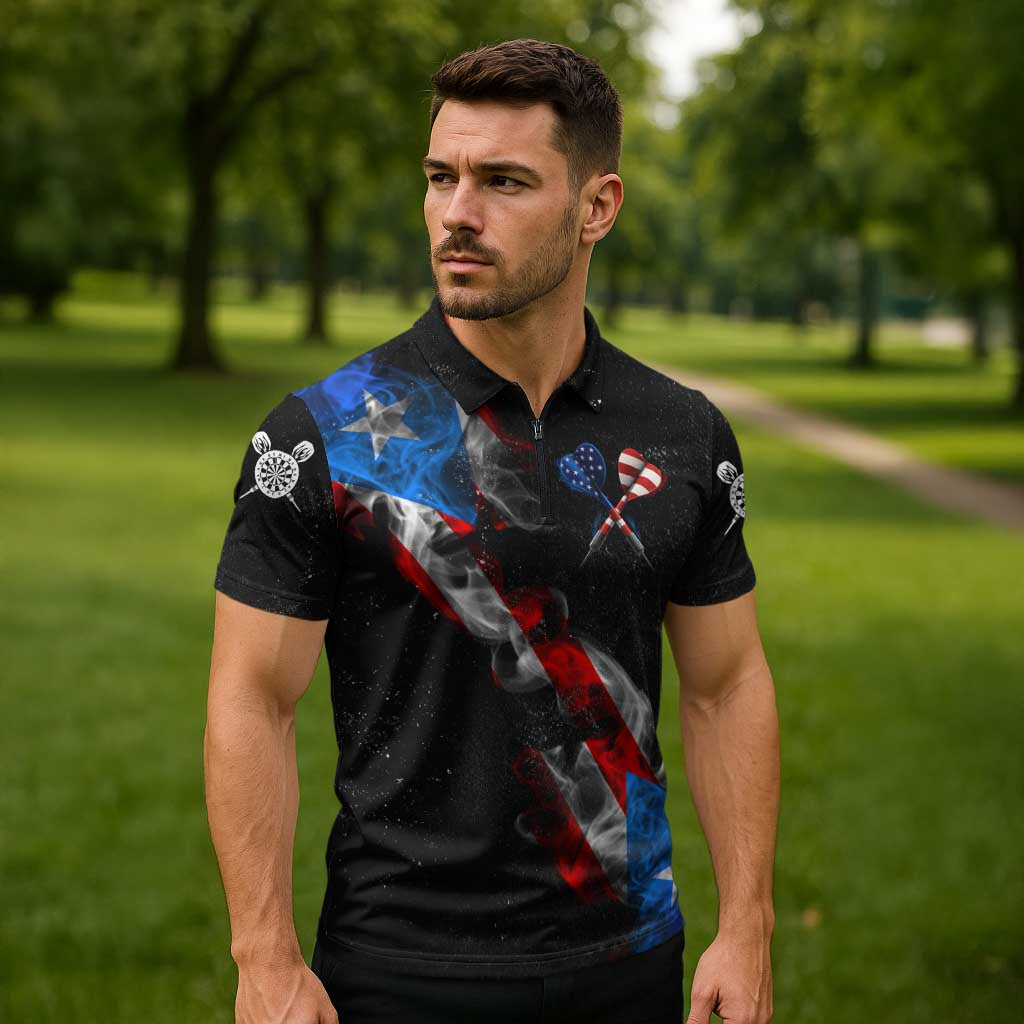 American Flag Smoke Trail Zipper Polo Shirt with Dartboard and Crossed Darts Graphic Design - Wonder Print Shop