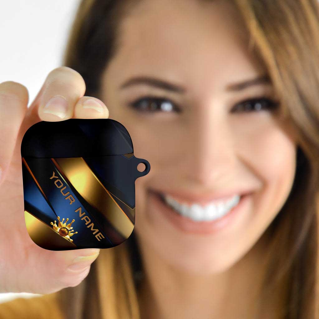 Angry Bowling Ball and Pins AirPods Case with Blue and Gold Metallic Stripe Graphic Design - Wonder Print Shop