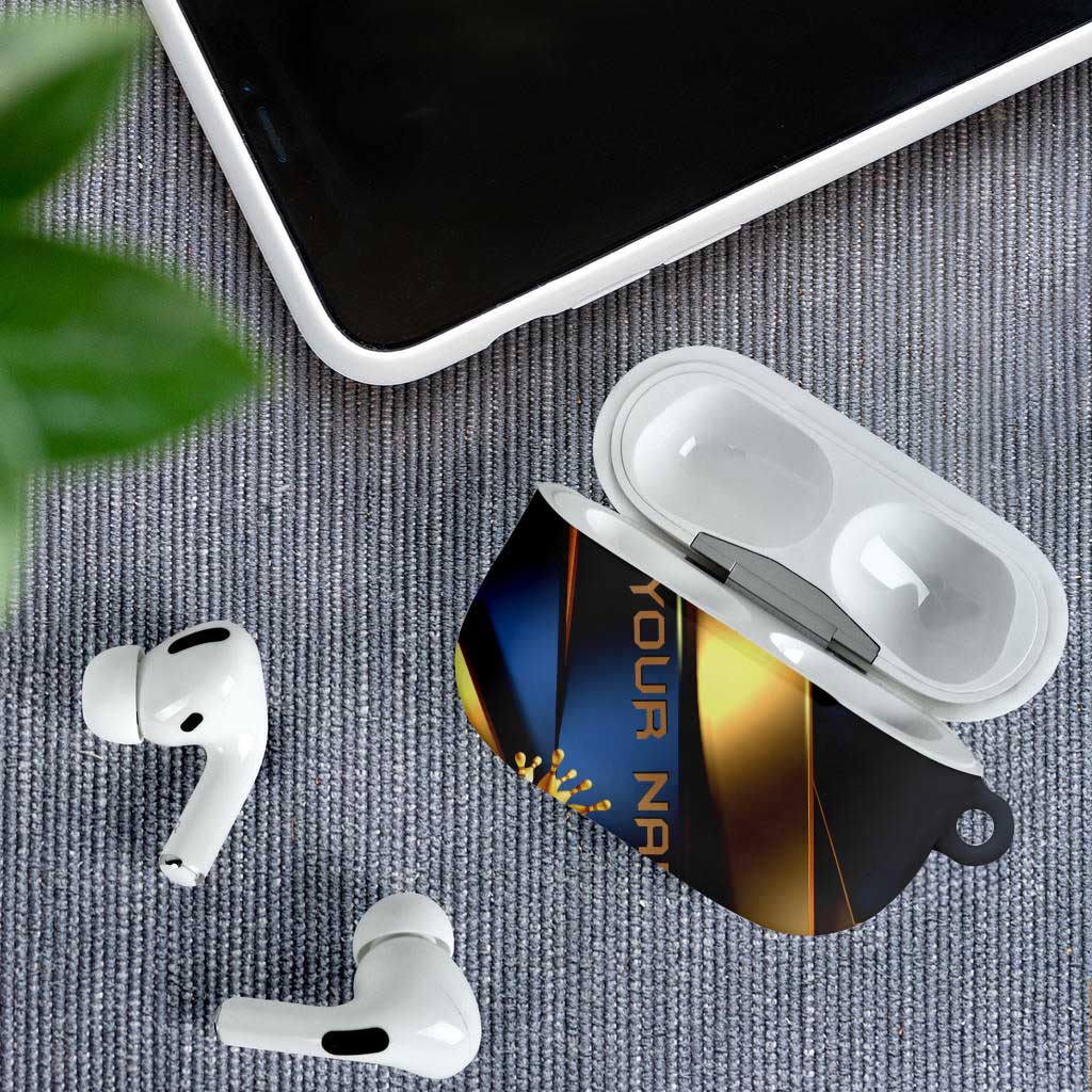 Angry Bowling Ball and Pins AirPods Case with Blue and Gold Metallic Stripe Graphic Design - Wonder Print Shop