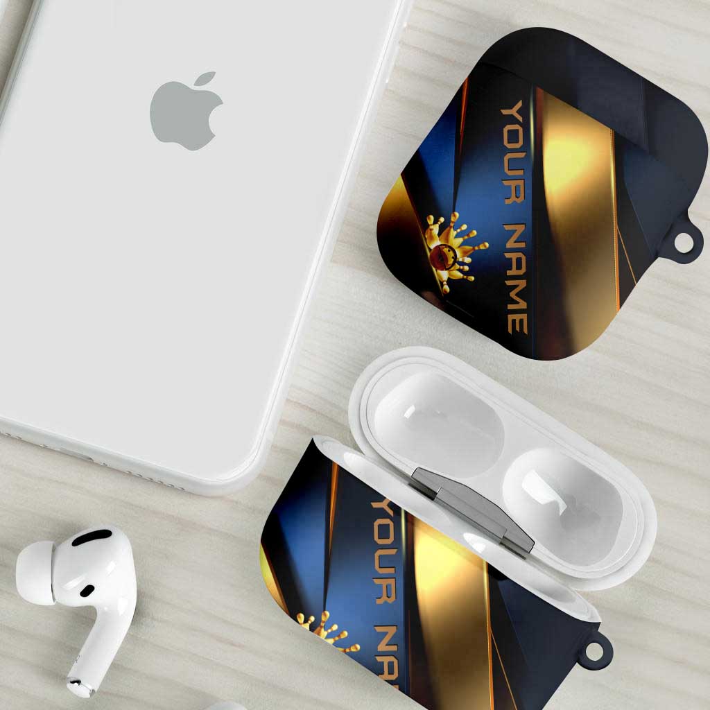 Angry Bowling Ball and Pins AirPods Case with Blue and Gold Metallic Stripe Graphic Design - Wonder Print Shop