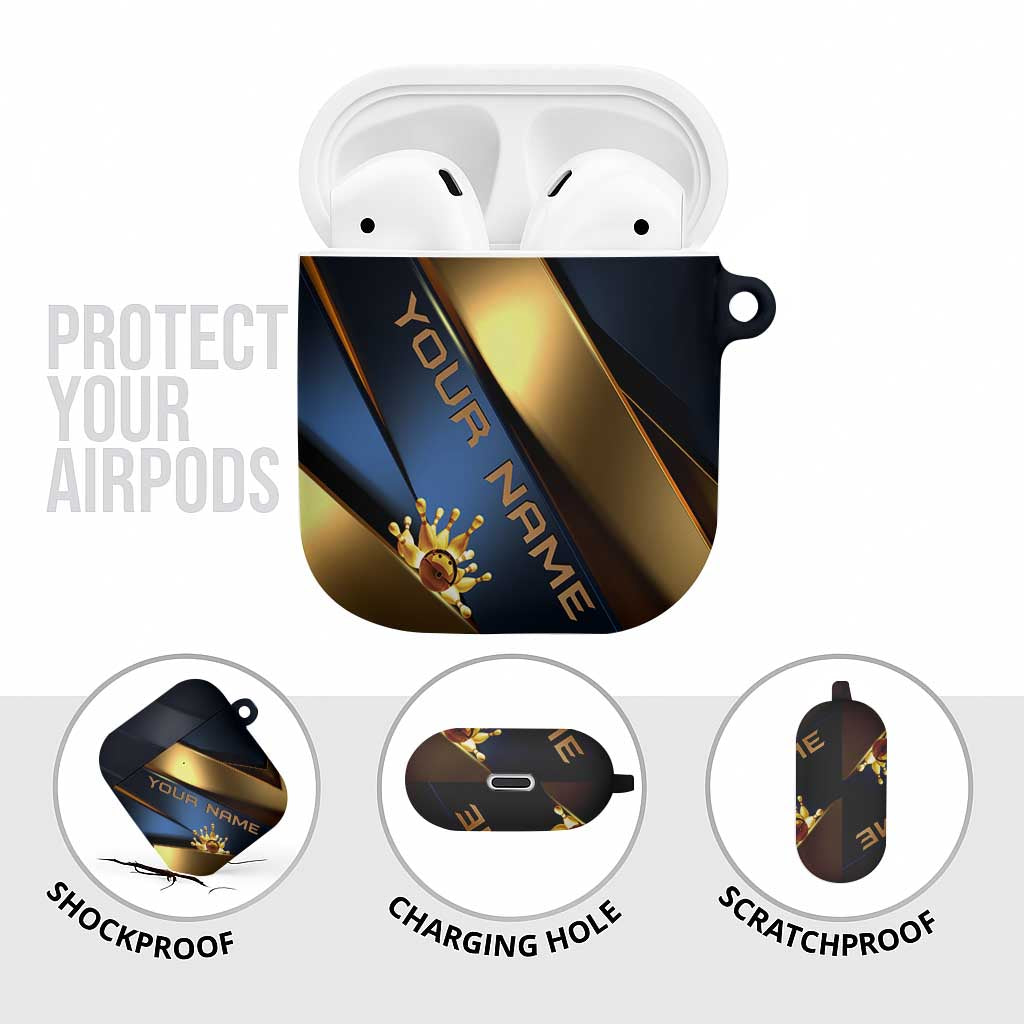 Angry Bowling Ball and Pins AirPods Case with Blue and Gold Metallic Stripe Graphic Design - Wonder Print Shop