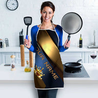 Angry Bowling Ball and Pins Apron with Blue and Gold Metallic Stripe Graphic Design - Wonder Print Shop