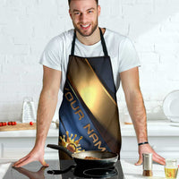 Angry Bowling Ball and Pins Apron with Blue and Gold Metallic Stripe Graphic Design - Wonder Print Shop