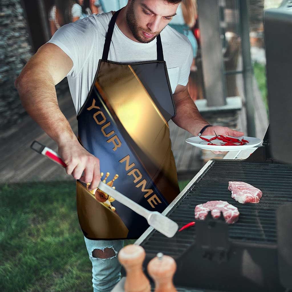 Angry Bowling Ball and Pins Apron with Blue and Gold Metallic Stripe Graphic Design - Wonder Print Shop