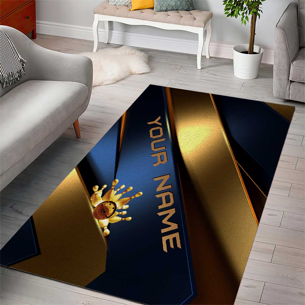 Angry Bowling Ball and Pins Area Rug with Blue and Gold Metallic Stripe Graphic Design - Wonder Print Shop