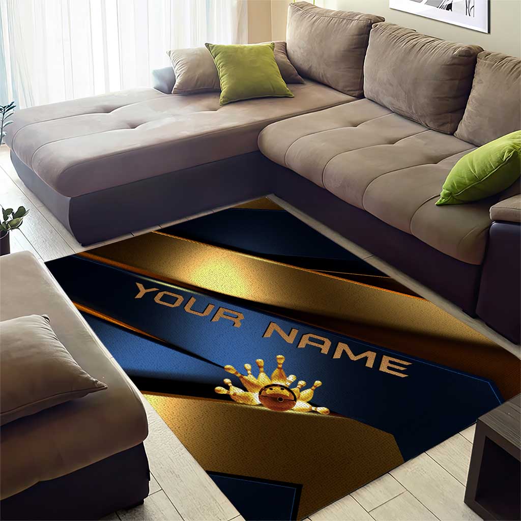 Angry Bowling Ball and Pins Area Rug with Blue and Gold Metallic Stripe Graphic Design - Wonder Print Shop