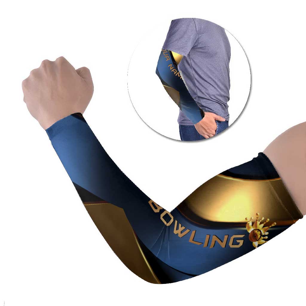 Angry Bowling Ball and Pins Arm Sleeves with Blue and Gold Metallic Stripe Graphic Design - Wonder Print Shop