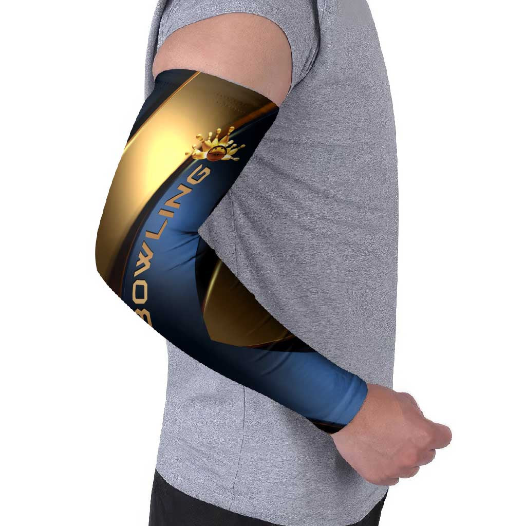 Angry Bowling Ball and Pins Arm Sleeves with Blue and Gold Metallic Stripe Graphic Design - Wonder Print Shop