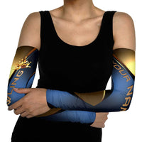 Angry Bowling Ball and Pins Arm Sleeves with Blue and Gold Metallic Stripe Graphic Design - Wonder Print Shop