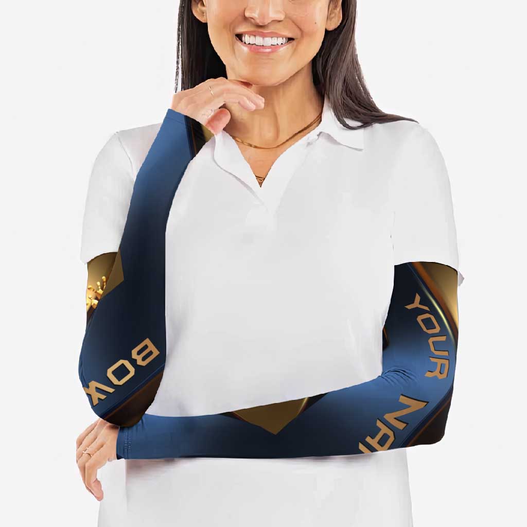 Angry Bowling Ball and Pins Arm Sleeves with Blue and Gold Metallic Stripe Graphic Design - Wonder Print Shop