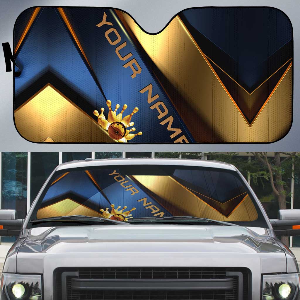 Angry Bowling Ball and Pins Auto Sun Shade with Blue and Gold Metallic Stripe Graphic Design - Wonder Print Shop