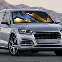 Angry Bowling Ball and Pins Auto Sun Shade with Blue and Gold Metallic Stripe Graphic Design - Wonder Print Shop