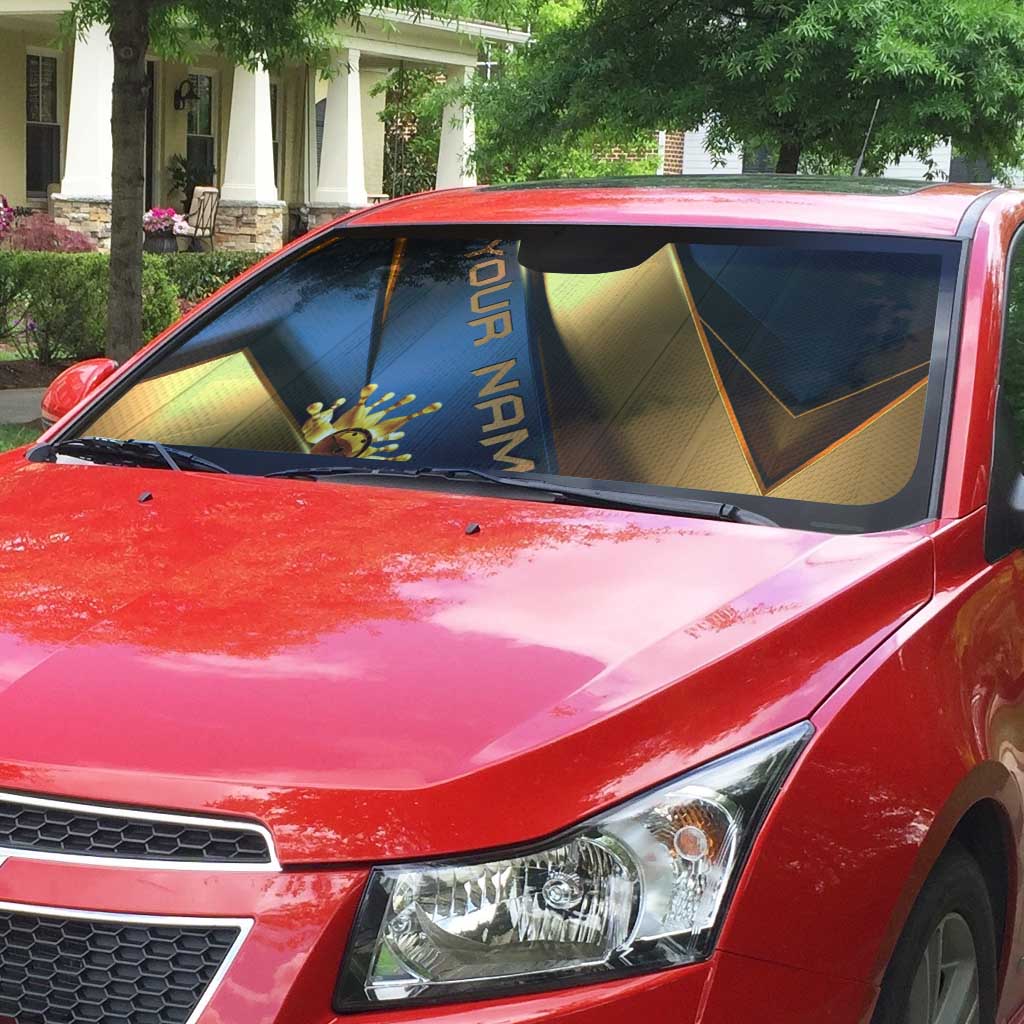 Angry Bowling Ball and Pins Auto Sun Shade with Blue and Gold Metallic Stripe Graphic Design - Wonder Print Shop