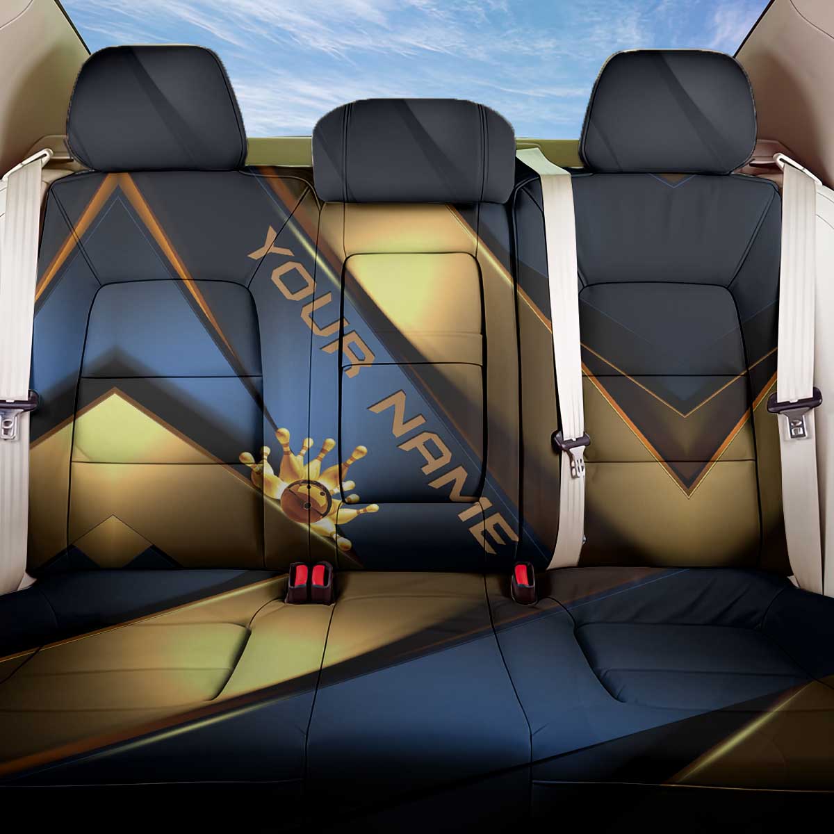 Angry Bowling Ball and Pins Back Car Seat Cover with Blue and Gold Metallic Stripe Graphic Design - Wonder Print Shop