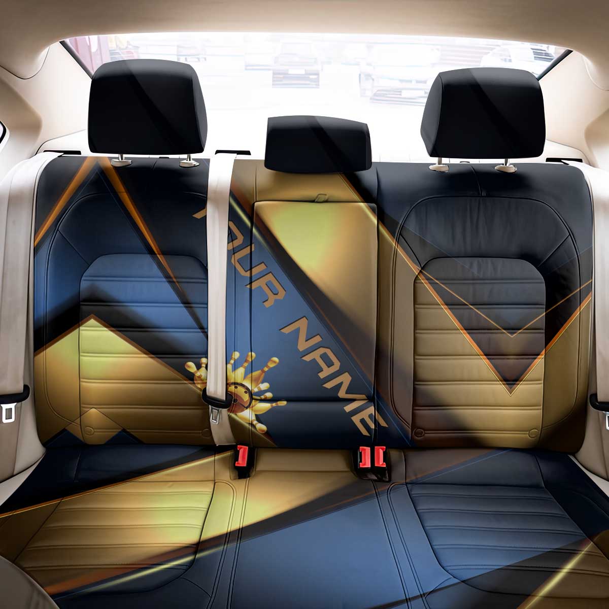 Angry Bowling Ball and Pins Back Car Seat Cover with Blue and Gold Metallic Stripe Graphic Design - Wonder Print Shop