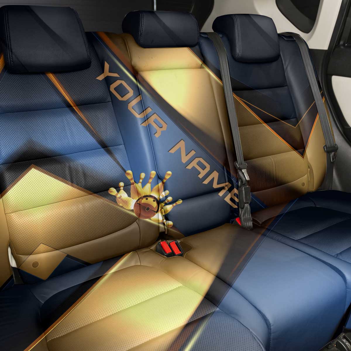 Angry Bowling Ball and Pins Back Car Seat Cover with Blue and Gold Metallic Stripe Graphic Design - Wonder Print Shop