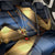 Angry Bowling Ball and Pins Back Car Seat Cover with Blue and Gold Metallic Stripe Graphic Design - Wonder Print Shop