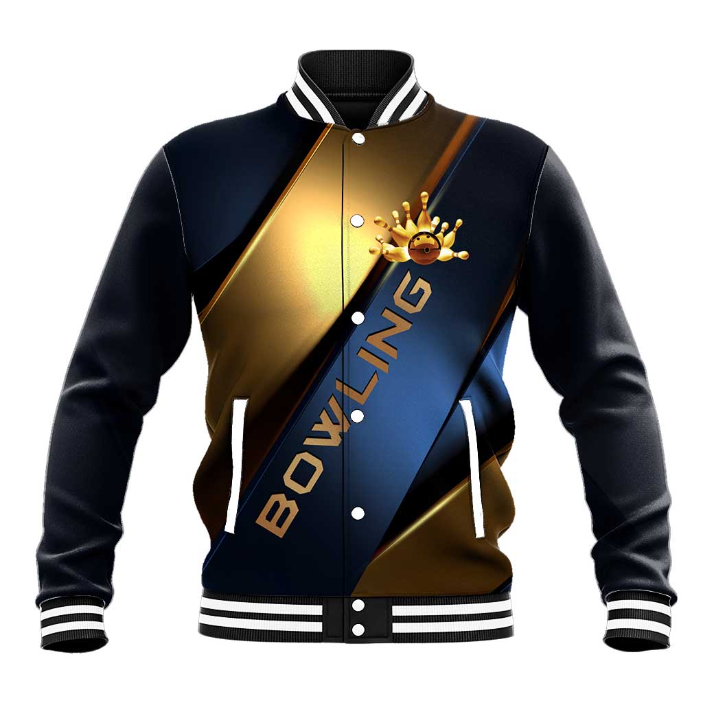 Angry Bowling Ball and Pins Baseball Jacket with Blue and Gold Metallic Stripe Graphic Design - Wonder Print Shop