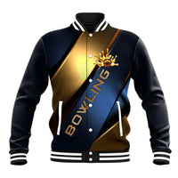 Angry Bowling Ball and Pins Baseball Jacket with Blue and Gold Metallic Stripe Graphic Design - Wonder Print Shop