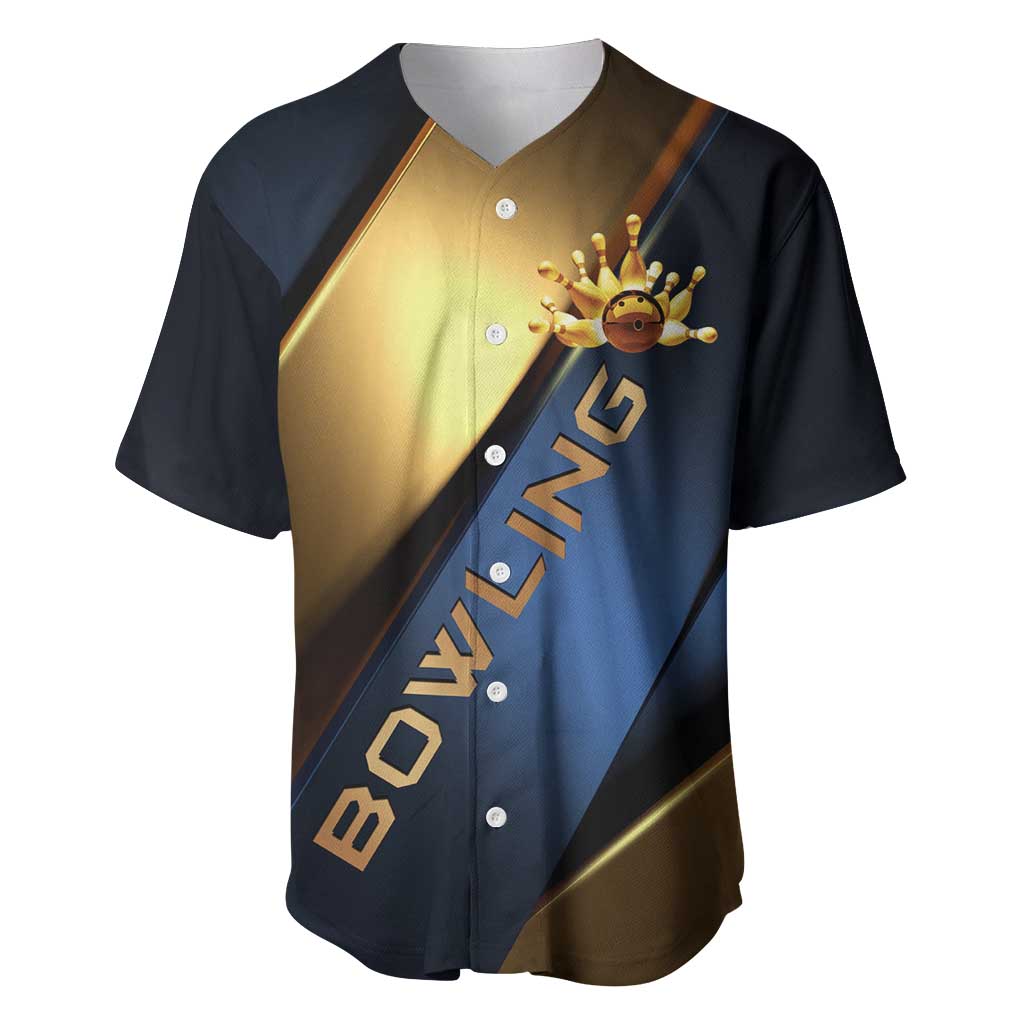 Angry Bowling Ball and Pins Baseball Jersey with Blue and Gold Metallic Stripe Graphic Design - Wonder Print Shop