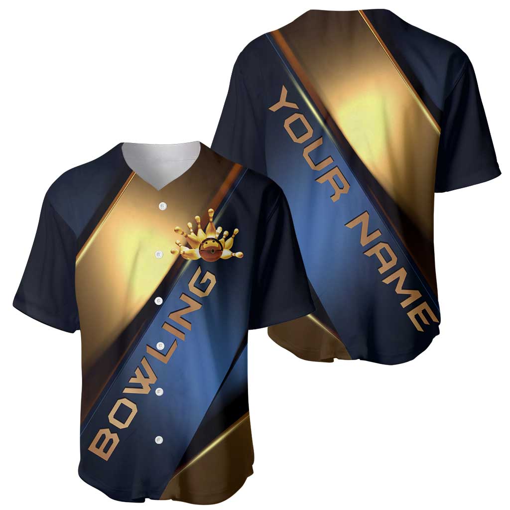 Angry Bowling Ball and Pins Baseball Jersey with Blue and Gold Metallic Stripe Graphic Design - Wonder Print Shop