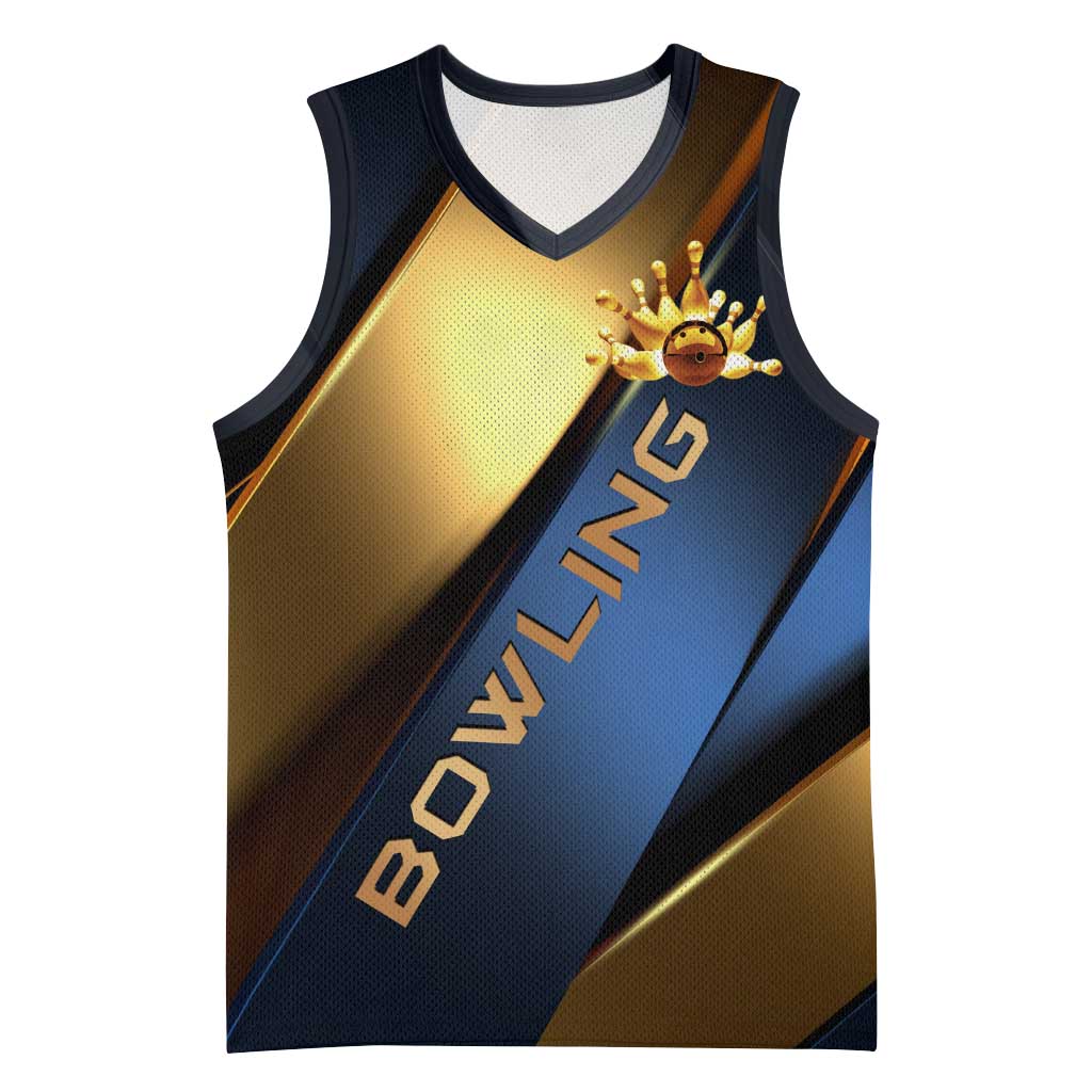 Angry Bowling Ball and Pins Basketball Jersey with Blue and Gold Metallic Stripe Graphic Design - Wonder Print Shop
