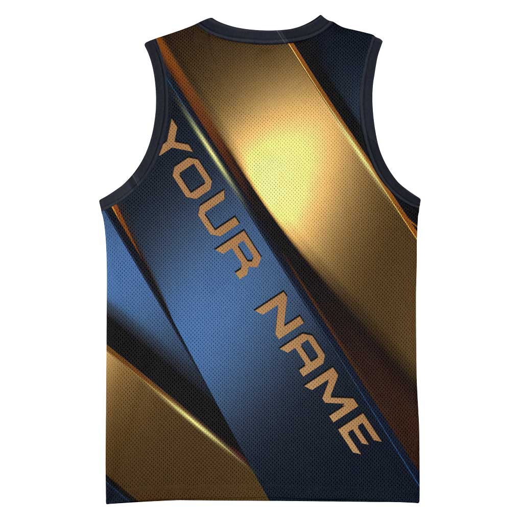 Angry Bowling Ball and Pins Basketball Jersey with Blue and Gold Metallic Stripe Graphic Design - Wonder Print Shop