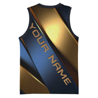 Angry Bowling Ball and Pins Basketball Jersey with Blue and Gold Metallic Stripe Graphic Design - Wonder Print Shop