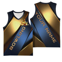 Angry Bowling Ball and Pins Basketball Jersey with Blue and Gold Metallic Stripe Graphic Design - Wonder Print Shop