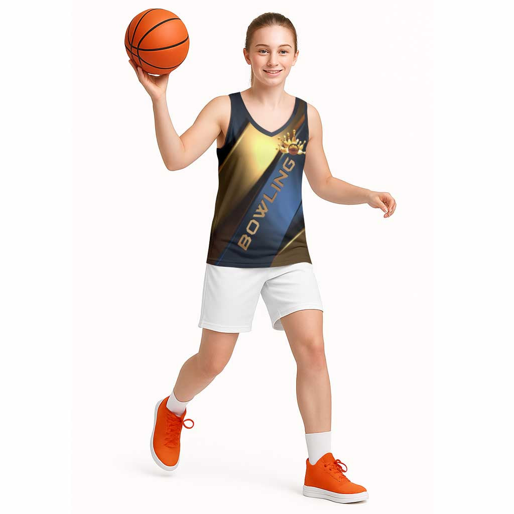 Angry Bowling Ball and Pins Basketball Jersey with Blue and Gold Metallic Stripe Graphic Design - Wonder Print Shop