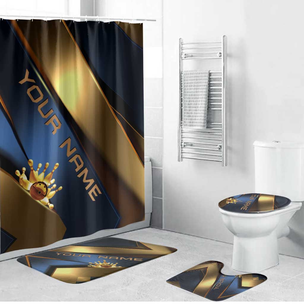 Angry Bowling Ball and Pins Bathroom Set with Blue and Gold Metallic Stripe Graphic Design - Wonder Print Shop