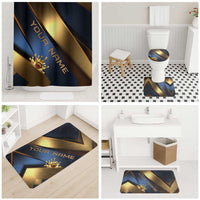 Angry Bowling Ball and Pins Bathroom Set with Blue and Gold Metallic Stripe Graphic Design - Wonder Print Shop