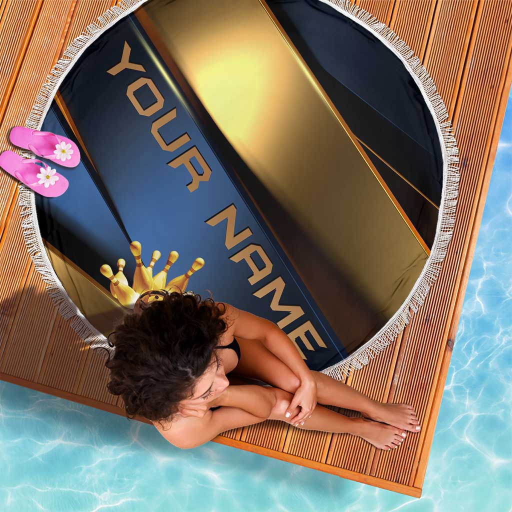 Angry Bowling Ball and Pins Beach Blanket with Blue and Gold Metallic Stripe Graphic Design - Wonder Print Shop