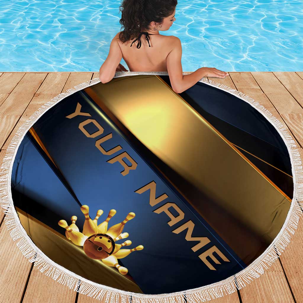 Angry Bowling Ball and Pins Beach Blanket with Blue and Gold Metallic Stripe Graphic Design - Wonder Print Shop