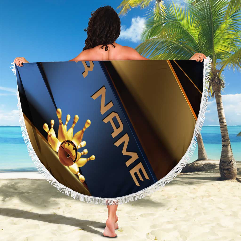 Angry Bowling Ball and Pins Beach Blanket with Blue and Gold Metallic Stripe Graphic Design - Wonder Print Shop