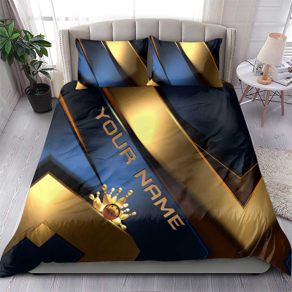 Angry Bowling Ball and Pins Bedding Set with Blue and Gold Metallic Stripe Graphic Design - Wonder Print Shop
