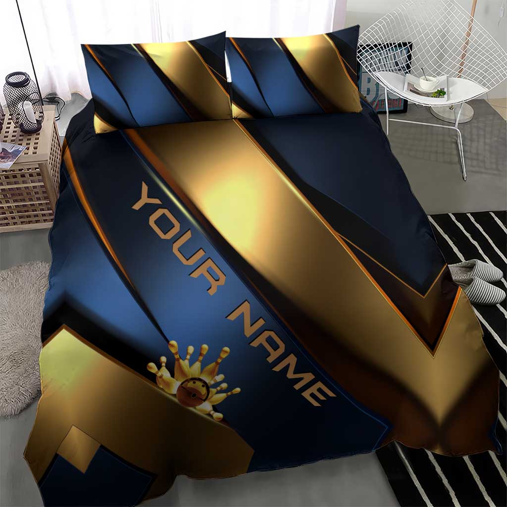 Angry Bowling Ball and Pins Bedding Set with Blue and Gold Metallic Stripe Graphic Design - Wonder Print Shop