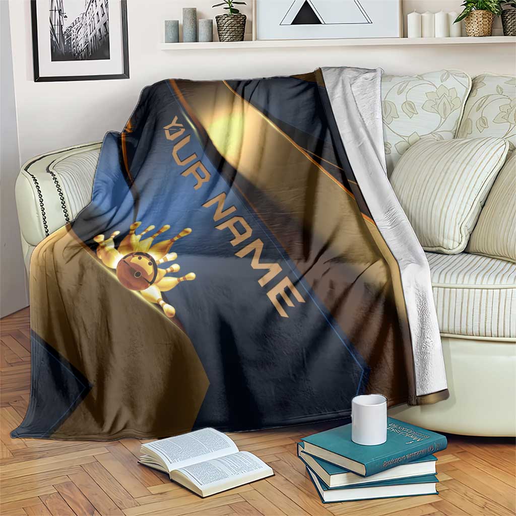 Angry Bowling Ball and Pins Blanket with Blue and Gold Metallic Stripe Graphic Design - Wonder Print Shop
