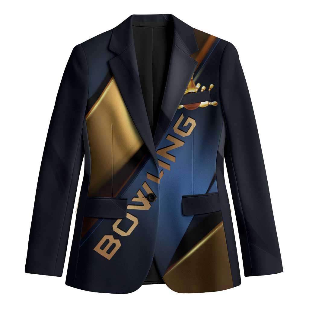 Angry Bowling Ball and Pins Blazer with Blue and Gold Metallic Stripe Graphic Design - Wonder Print Shop