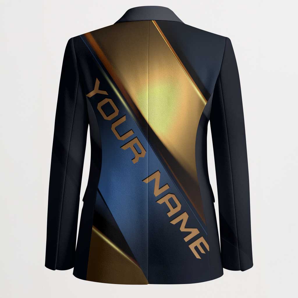 Angry Bowling Ball and Pins Blazer with Blue and Gold Metallic Stripe Graphic Design - Wonder Print Shop