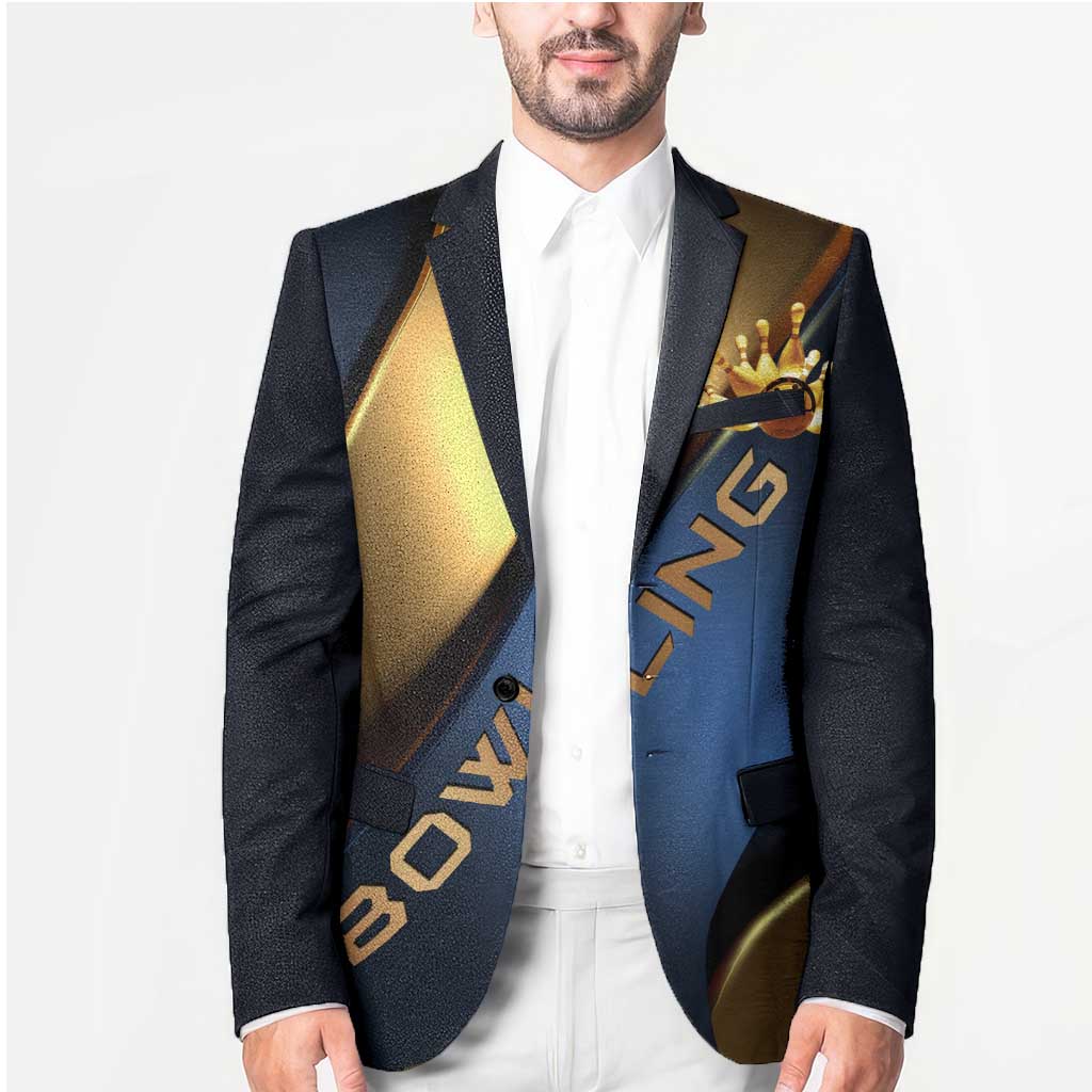 Angry Bowling Ball and Pins Blazer with Blue and Gold Metallic Stripe Graphic Design - Wonder Print Shop