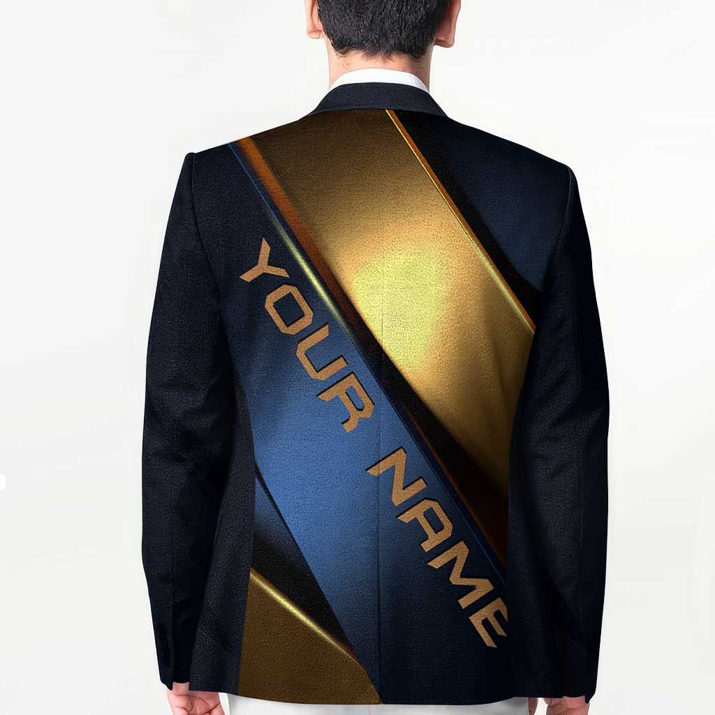 Angry Bowling Ball and Pins Blazer with Blue and Gold Metallic Stripe Graphic Design - Wonder Print Shop