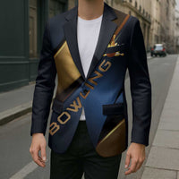 Angry Bowling Ball and Pins Blazer with Blue and Gold Metallic Stripe Graphic Design - Wonder Print Shop