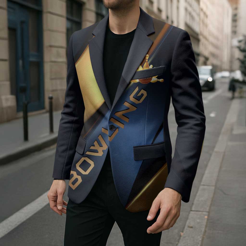 Angry Bowling Ball and Pins Blazer with Blue and Gold Metallic Stripe Graphic Design - Wonder Print Shop