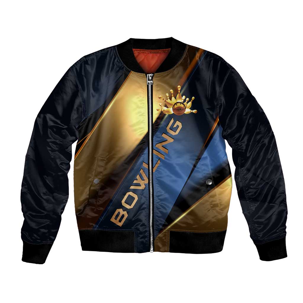 Angry Bowling Ball and Pins Bomber Jacket with Blue and Gold Metallic Stripe Graphic Design - Wonder Print Shop