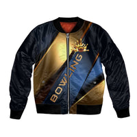 Angry Bowling Ball and Pins Bomber Jacket with Blue and Gold Metallic Stripe Graphic Design - Wonder Print Shop